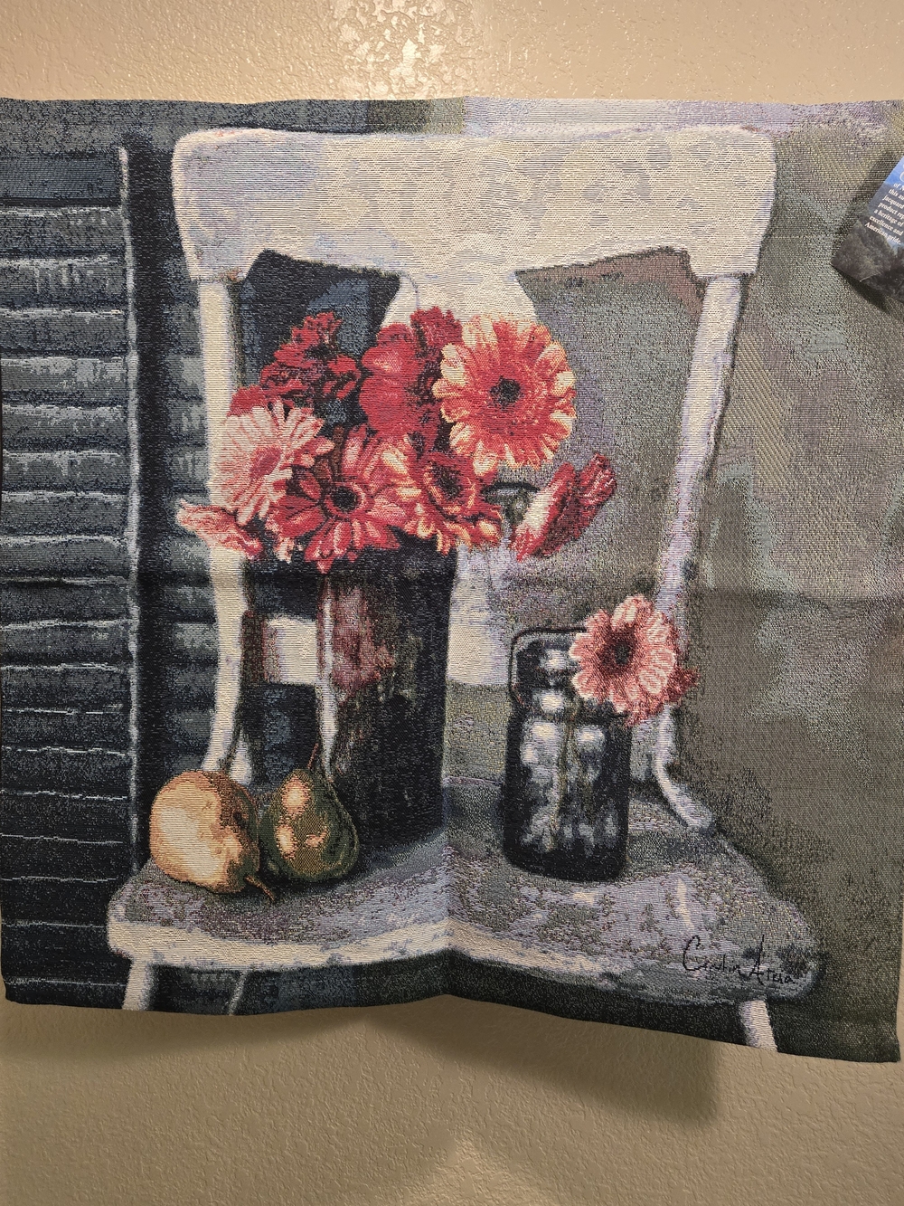Floral Chair Wall Art Tapestry in Red and Cream